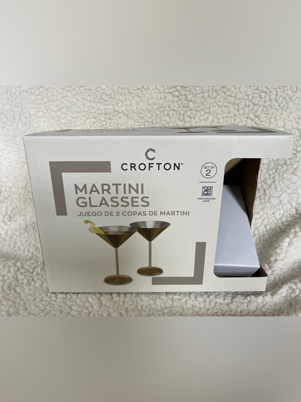 CROFTON GOLD Metal MARTINI GLASSES SET OF 2 NEW Jeugo De Copas Stainless Steel